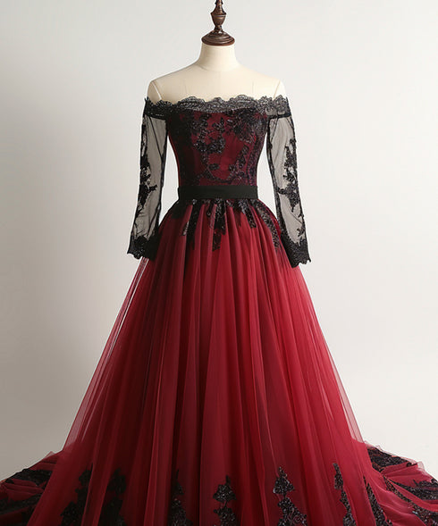 A-line Wine Red Tulle with Black Lace Long Sleeves Prom Dress, Wine Red Party Dress