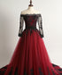A-line Wine Red Tulle with Black Lace Long Sleeves Prom Dress, Wine Red Party Dress