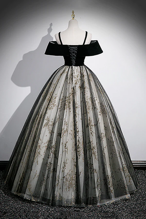 Black Off Shoulder Tulle with Lace Long Formal Dress, Black Sweet 16 Dress