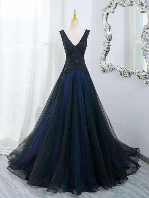 Black and Blue Tulle with Lace Applique V-neckline Party Dress, Black and Bue Long Prom Dress