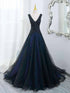 Black and Blue Tulle with Lace Applique V-neckline Party Dress, Black and Bue Long Prom Dress