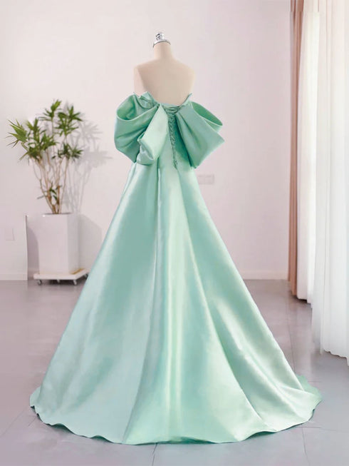 Green Satin Off Shoulder A-line Prom Dress Party Dress, Green Satin Long Evening Dress