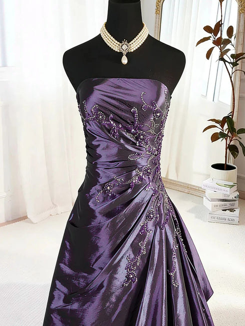 Elegant Strapless Dark Purple Taffeta Prom Dress, Ruched A-Line Long Formal Dress
