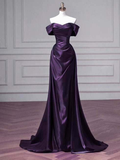 Purple Satin Off Shoulder Formal Gown, Elegant Ruched Mermaid Prom Dress Party Dress