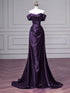 Purple Satin Off Shoulder Formal Gown, Elegant Ruched Mermaid Prom Dress Party Dress