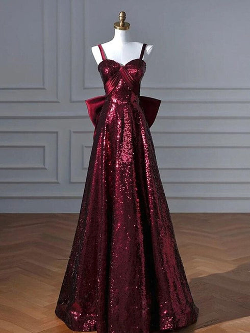 Wine Red Sequins Straps A-line Prom Dress, Wine Red Long Sweetheart Evening Dress
