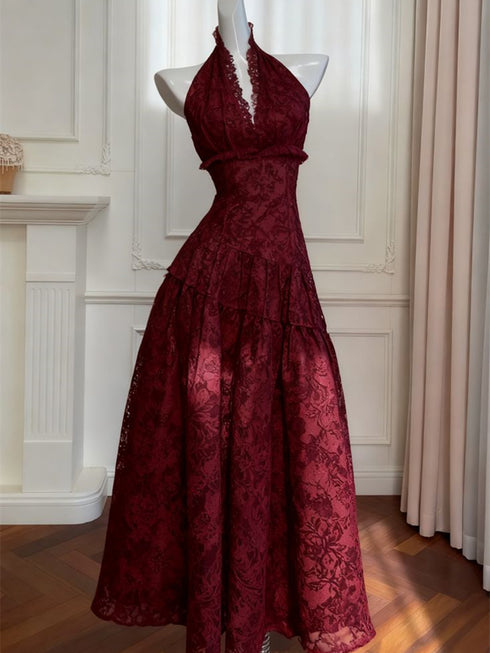 Wine Red Lace Halter Floor Length Prom Dress, Wine Red Evening Dress Formal Dress