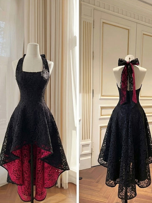 Gothic Black and Red Lace Halter Scoop Party Dress, Black and Red Homecoming Dress