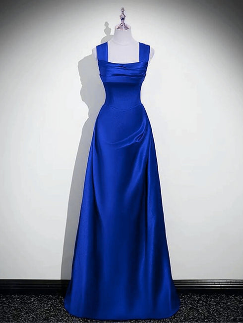 Blue Chic Satin Straps A-line Floor Length Party Dress, Blue Satin Prom Dress