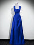 Blue Chic Satin Straps A-line Floor Length Party Dress, Blue Satin Prom Dress