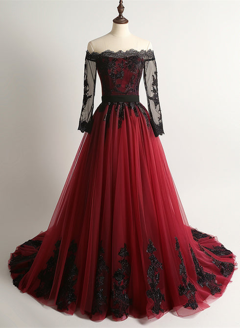 A-line Wine Red Tulle with Black Lace Long Sleeves Prom Dress, Wine Red Party Dress
