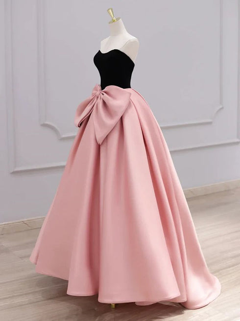 Pink and Black Scoop A-line Prom Dress with Bow, Long Evening Dress Party Dress