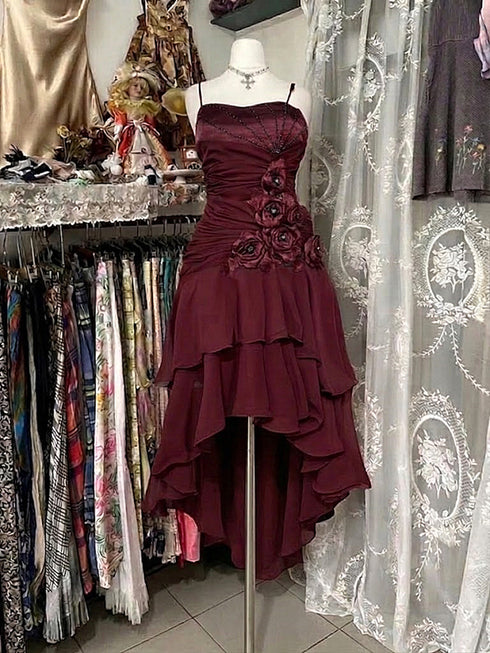 Lovely Wine Red High Low Party Dress with Flowers, Wine Red Beaded Straps Homecoming Dress