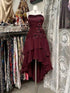 Lovely Wine Red High Low Party Dress with Flowers, Wine Red Beaded Straps Homecoming Dress