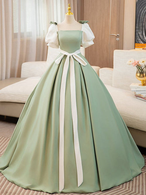 Light Green Satin Puffy Short Sleeves Long Party Dress, Light Green Satin Prom Dress