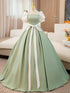 Light Green Satin Puffy Short Sleeves Long Party Dress, Light Green Satin Prom Dress
