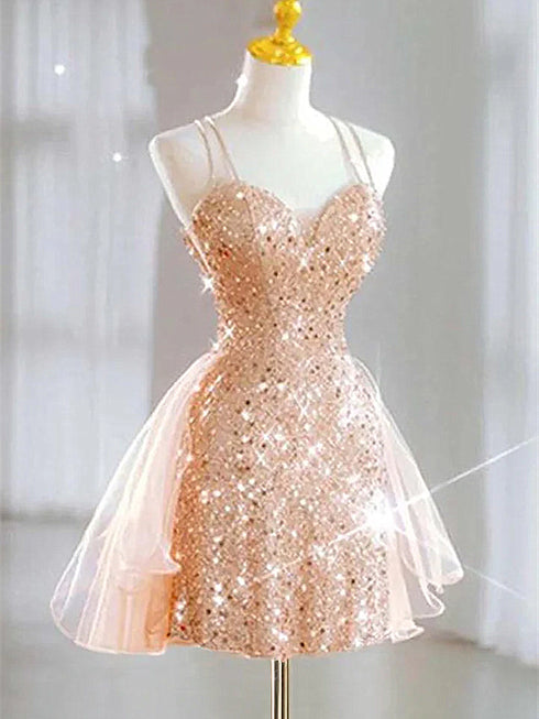 Light Champagne Sequins and Tulle Homecoming Dress, Light Champagne Party Dress