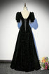 Black A-line Velvet Short Sleeves Party Dress, Black Velvet Sweetheart Prom Dress