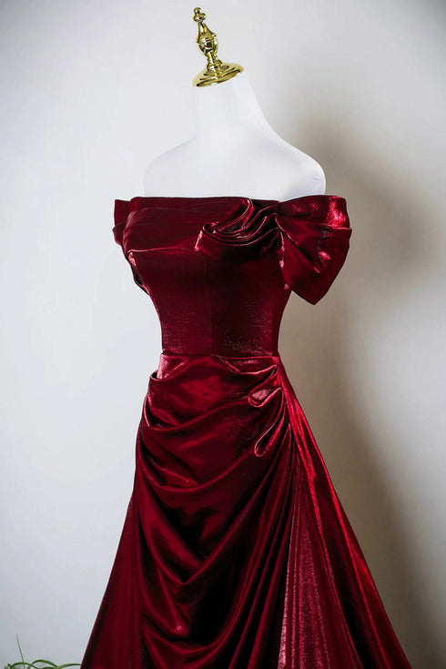 Wine Red Satin Off Shoulder A-line Evening Dress, Wine Red Satin Prom Dress