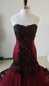 Wine Red Tulle with Black Lace Applique Mermaid Party Dress, Wine Red Tulle Prom Dress