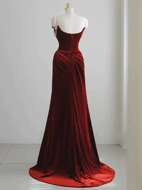 Wine Red Velvet Mermaid Straps Long Formal Dress, Wine Red Floor Off Shoulder Prom Dress