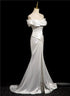 White Mermaid Satin Off Shoulder Long Party Dress, White Satin Wedding Party Dress