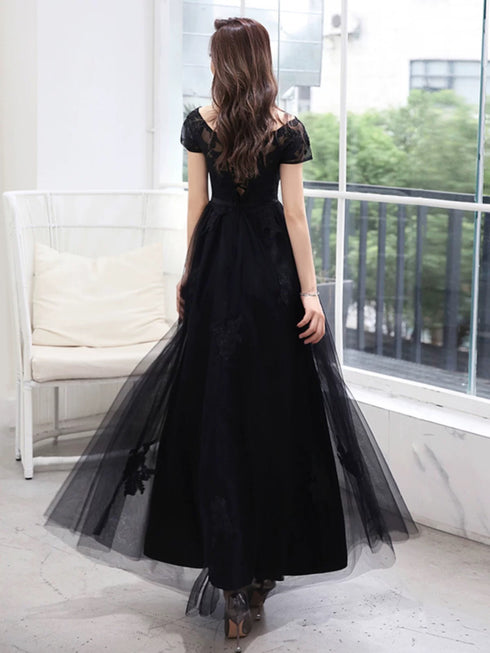 Black A-line Tulle with Lace Applique Party Dress, Black Tulle Long Prom Dress Evening Dress