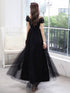 Black A-line Tulle with Lace Applique Party Dress, Black Tulle Long Prom Dress Evening Dress