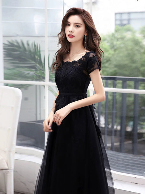 Black A-line Tulle with Lace Applique Party Dress, Black Tulle Long Prom Dress Evening Dress