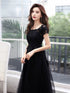 Black A-line Tulle with Lace Applique Party Dress, Black Tulle Long Prom Dress Evening Dress