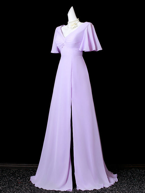Light Purple Chiffon Short Sleeves Long Party Dress, A-line Chiffon Wedding Party Dress
