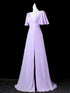 Light Purple Chiffon Short Sleeves Long Party Dress, A-line Chiffon Wedding Party Dress