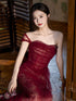 Wine Red Tulle and Lace One Shoulder Party Dress, A-line Wine Red Wedding Party Dress