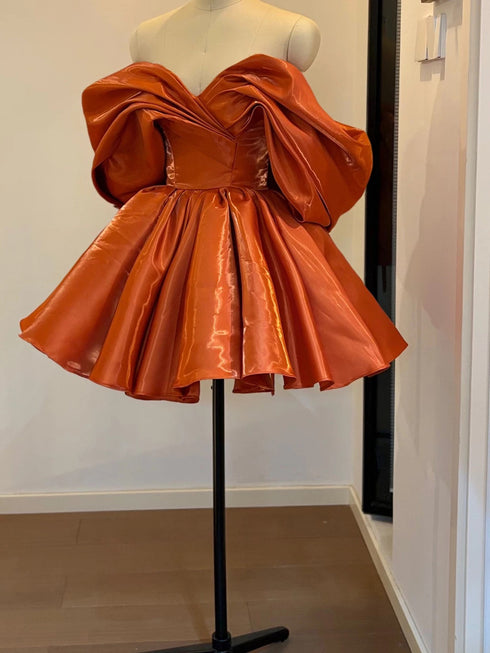 Orange Satin Knee Length Sweetheart Party Dress, Off Shoulder Satin Homecoming Dress