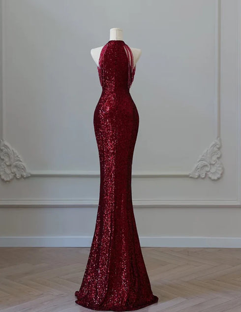 Wine Red Sequins Mermaid Round Neckline Party Dress, Wine Red Sequins Prom Dress