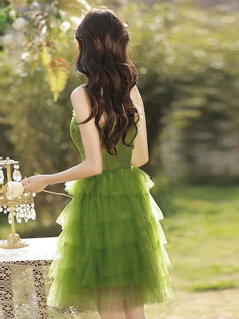 Green Tulle Straps Knee Length Layers Party Dress, Green Tulle Short Homecoming Dress