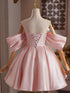 A-line Pink Satin Short Sleeves Homecoming Dress, Pink Satin Short Prom Dress