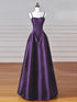 Purple A-line Satin Sweetheart Simple Floor Length Prom Dress, Purple Long Evening Dress