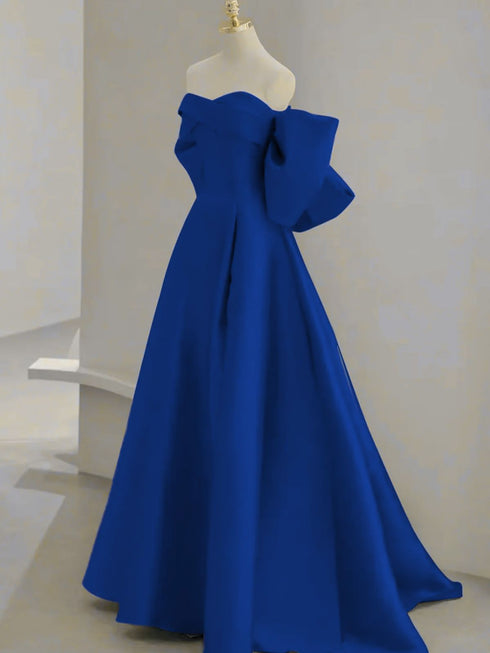 A-line Royal Blue Satin Sweetheart Off Shoulder Party Dress, Royal Blue Satin Prom Dress