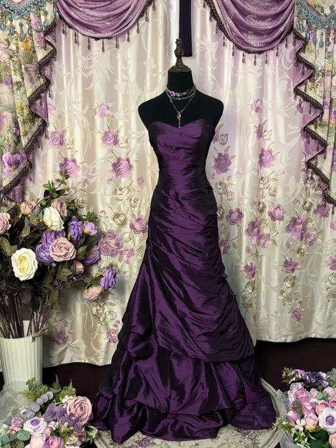 Purple Sweetheart Taffeta Strapless Prom Dress Evening Dress, Purple Party Dress with Ruffles