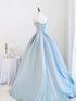A-line Blue Satin Beaded Straps Long Formal Dress, Blue Satin Lace-up Prom Dress