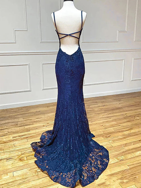 Navy Blue Mermaid Lace Straps Long Formal Dress, V-neckline Lace Low Back Prom Dress
