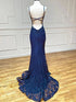 Navy Blue Mermaid Lace Straps Long Formal Dress, V-neckline Lace Low Back Prom Dress