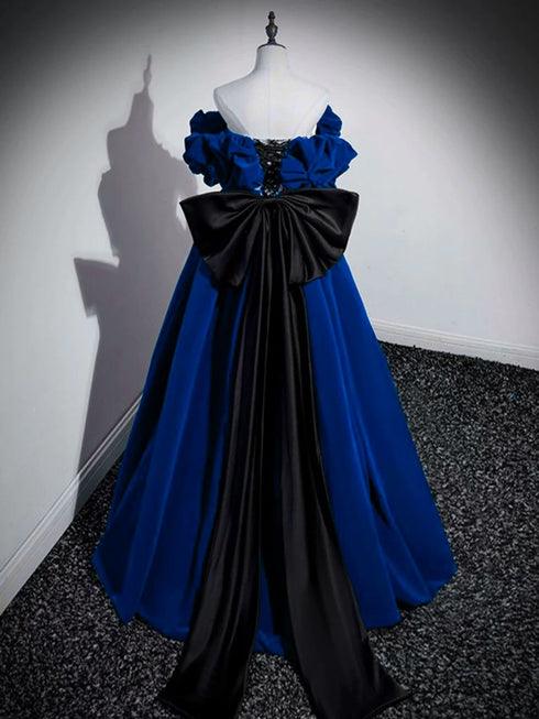 A-line Navy Blue Velvet Off Shoulder Long Formal Dress, Navy Blue Velvet Prom Dress with Bow