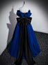 A-line Navy Blue Velvet Off Shoulder Long Formal Dress, Navy Blue Velvet Prom Dress with Bow