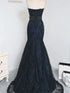 Black and Navy Blue Mermaid Strapless Party Dress, Satin and Lace Long Prom Dress