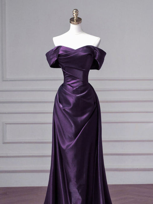 Purple Satin Off Shoulder Formal Gown, Elegant Ruched Mermaid Prom Dress Party Dress