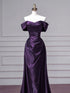 Purple Satin Off Shoulder Formal Gown, Elegant Ruched Mermaid Prom Dress Party Dress