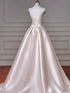 Light Pink Satin with Lace Applique Long Formal Dress, Light Pink Satin Prom Dress