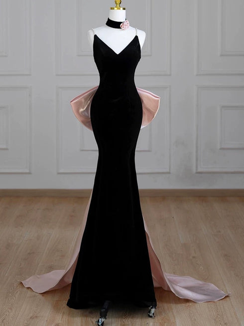 Black Velvet Mermaid Straps Lace-up Formal Dress with Bow, Black Velvet Long Prom Dress